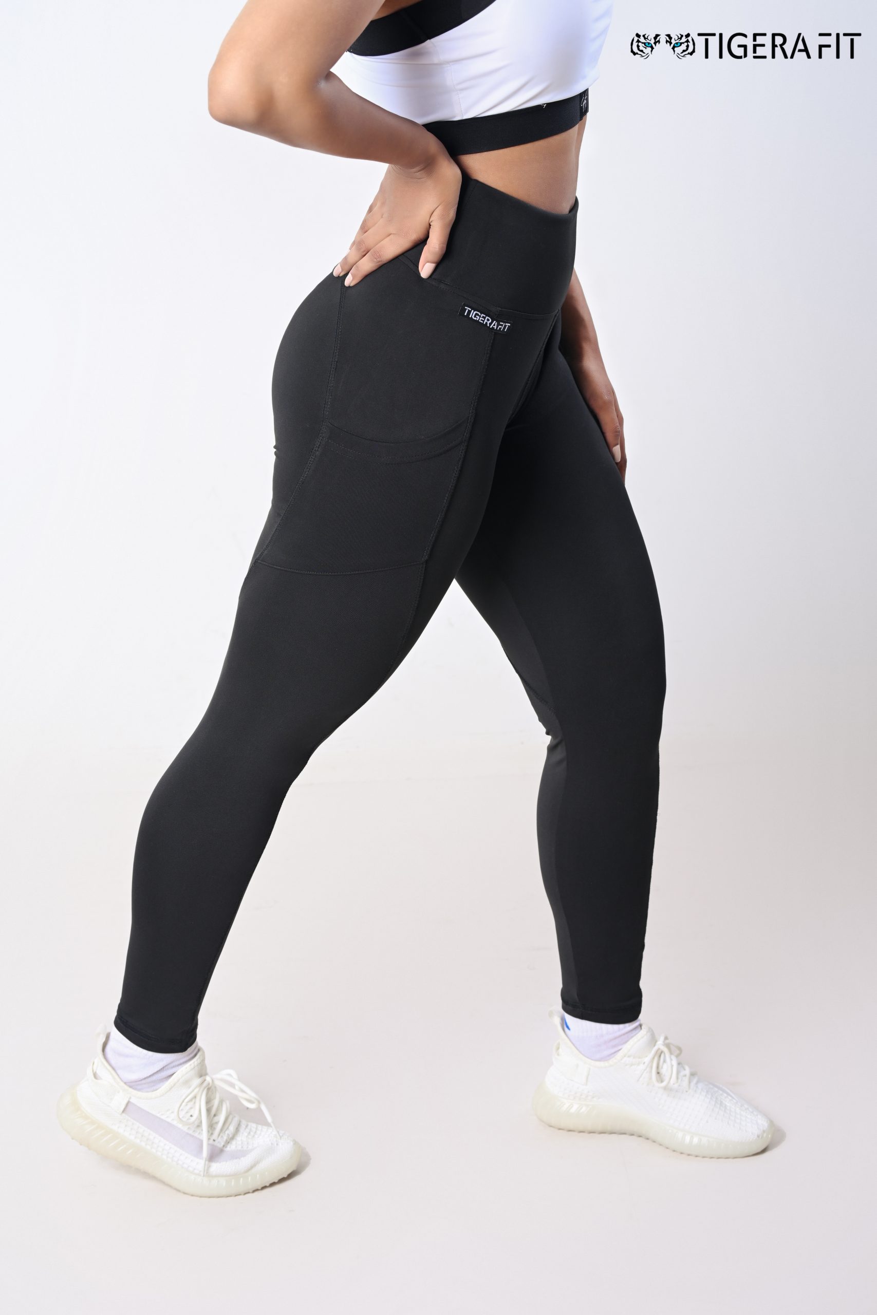 Absolute-Fit White Side Stripe Leggings with Secure Tie (Black)