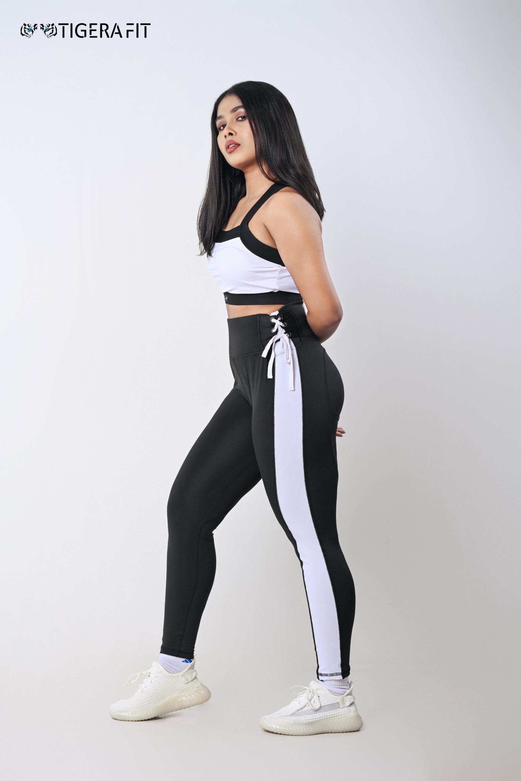 Absolute-Fit White Side Stripe Leggings with Secure Tie (Black)